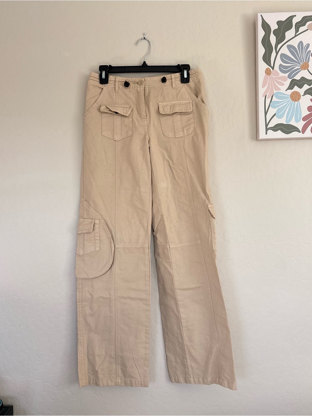 Brandy Melville Kim Cargo Pants Khaki Tan Drawcord Pocket Small Y2K Utility - Picture 2 of 7